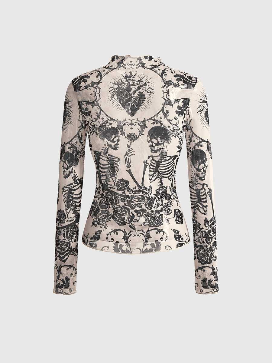 Women's sheer mesh slim fit top with allover vintage tattoo totem print, stand collar, and extra-long sleeves.