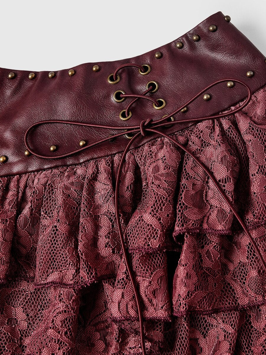 Low waist double layer pleated mini skirt for women with contrast lace and tiered ruffle hem