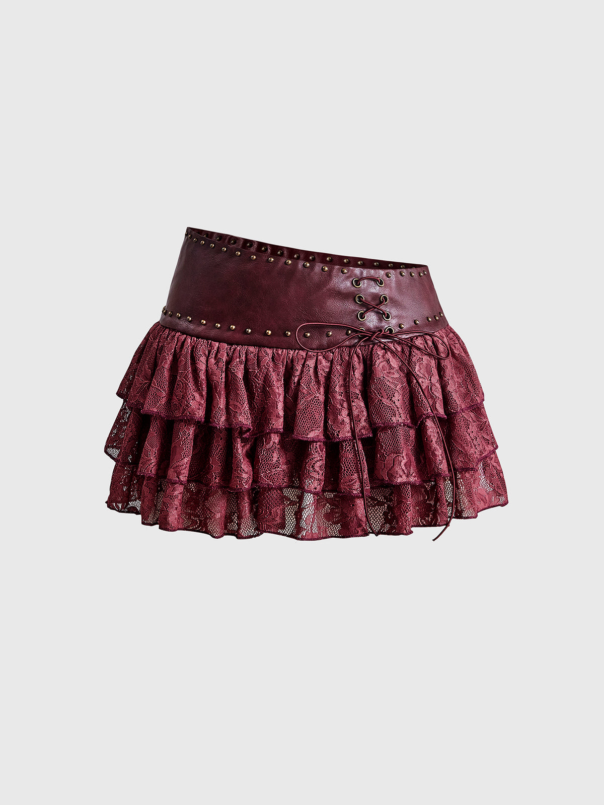 Low waist double layer pleated mini skirt for women with contrast lace and tiered ruffle hem