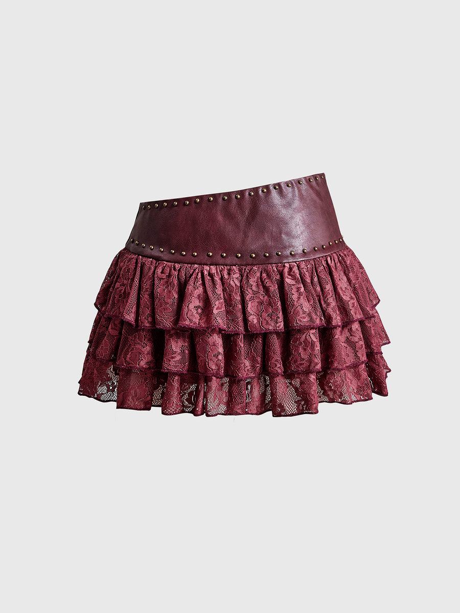 Low waist double layer pleated mini skirt for women with contrast lace and tiered ruffle hem