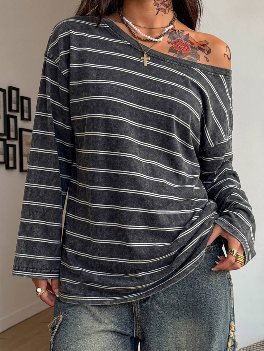Women's brown striped boat neck long sleeve raglan T-shirt with a loose casual fit