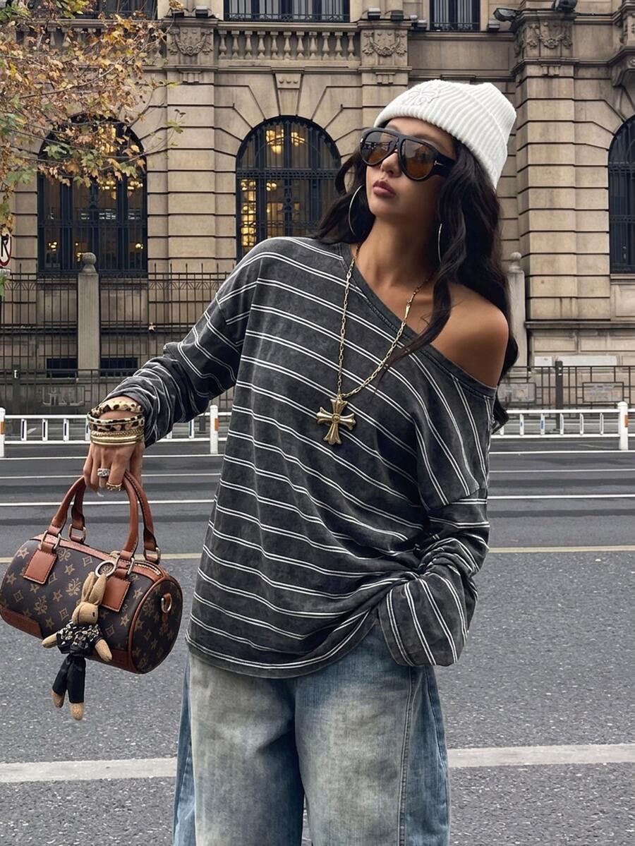 Women's brown striped boat neck long sleeve raglan T-shirt with a loose casual fit