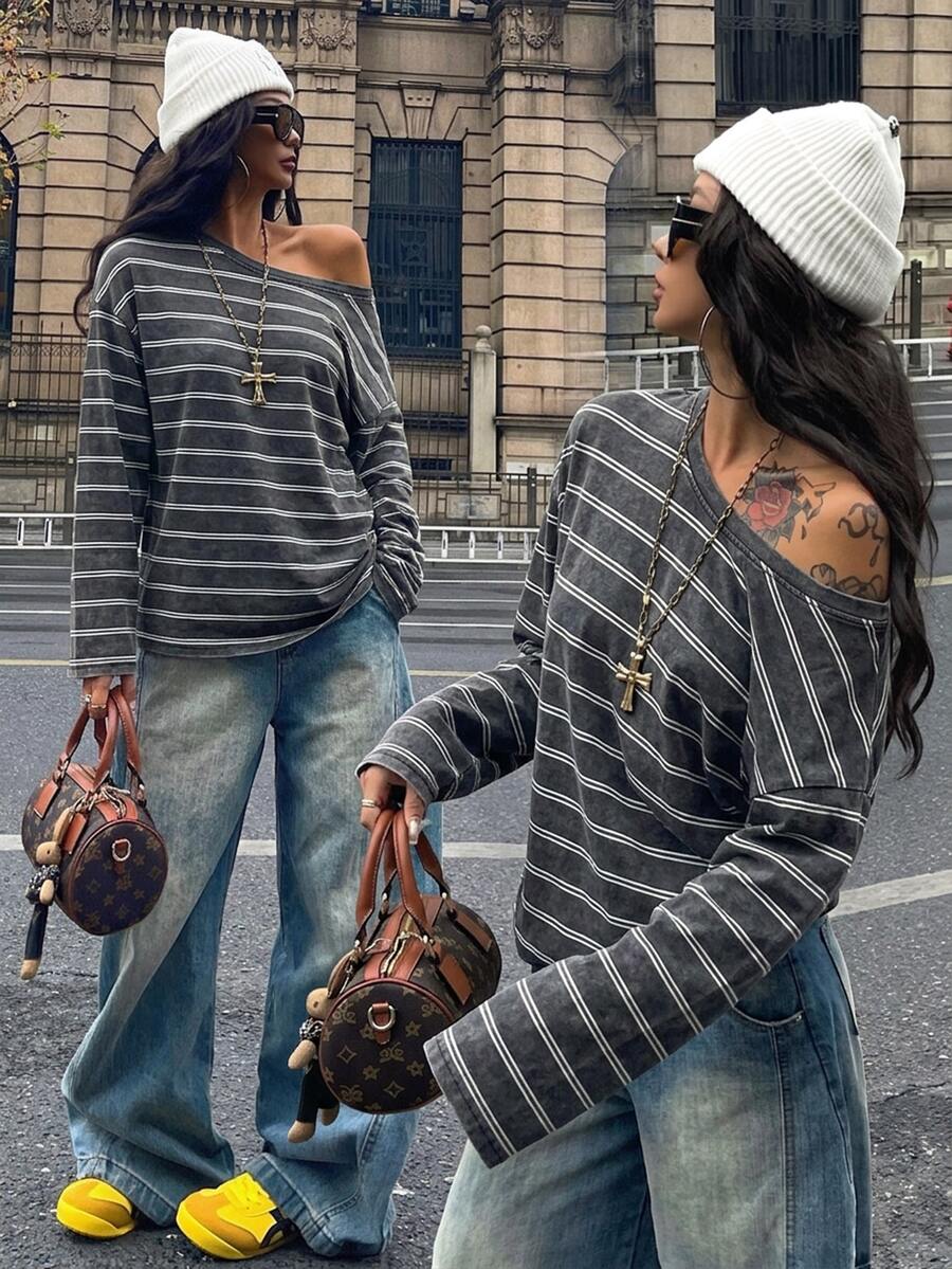 Women's brown striped boat neck long sleeve raglan T-shirt with a loose casual fit
