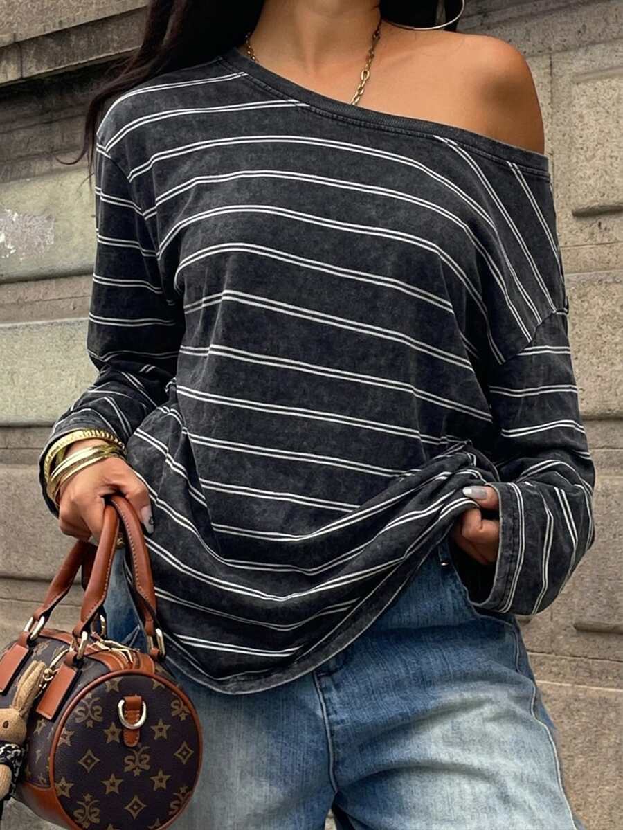 Women's brown striped boat neck long sleeve raglan T-shirt with a loose casual fit
