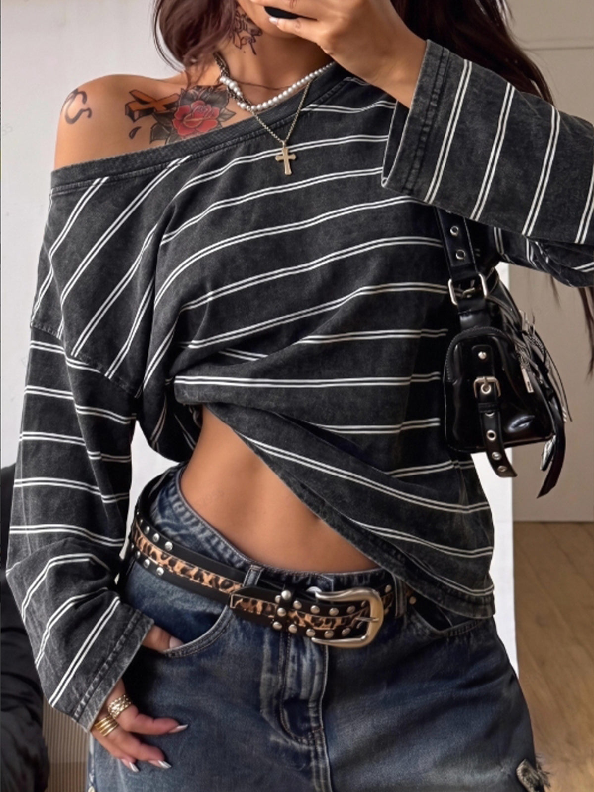 Women's brown striped boat neck long sleeve raglan T-shirt with a loose casual fit