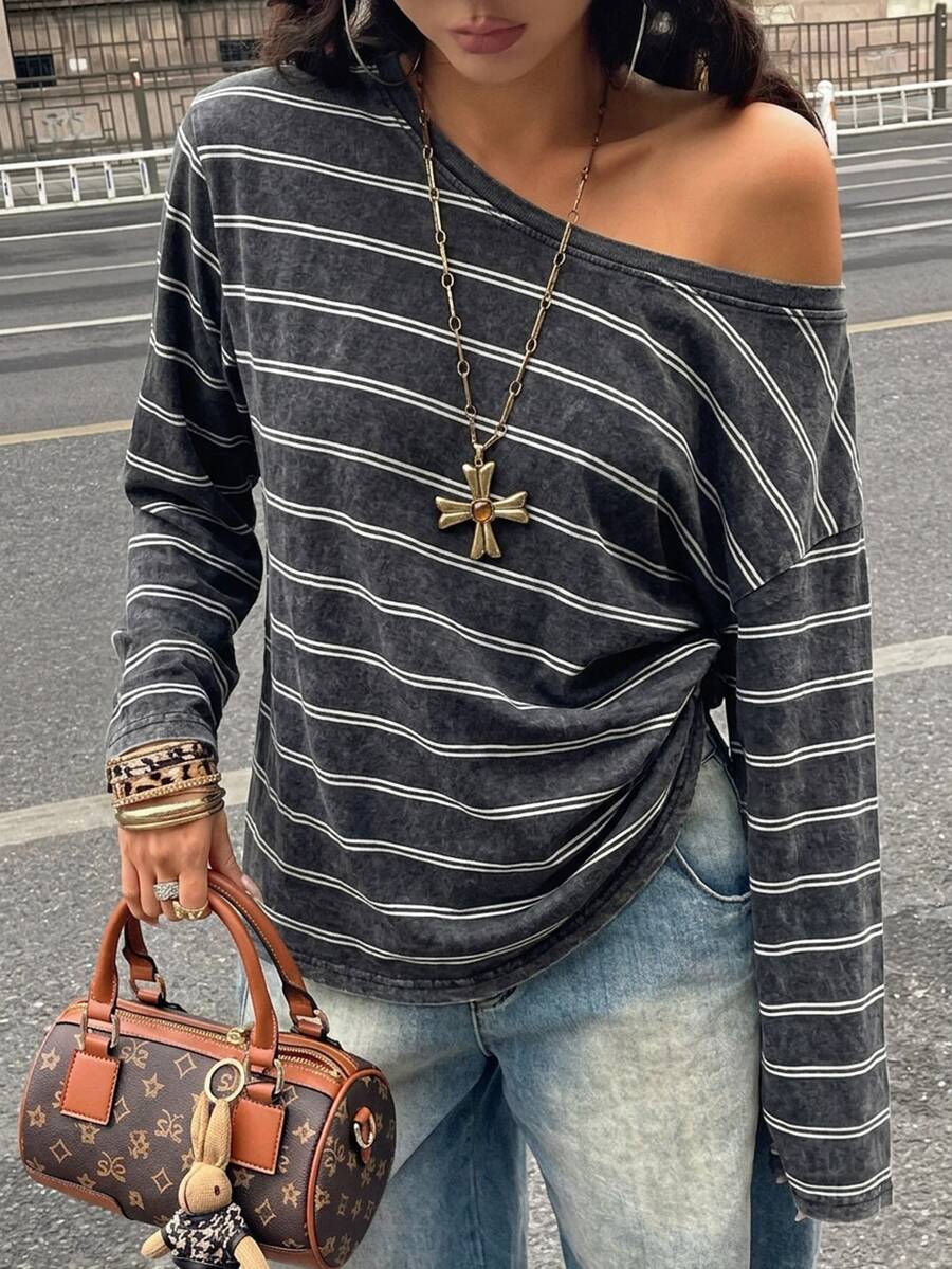 Women's brown striped boat neck long sleeve raglan T-shirt with a loose casual fit
