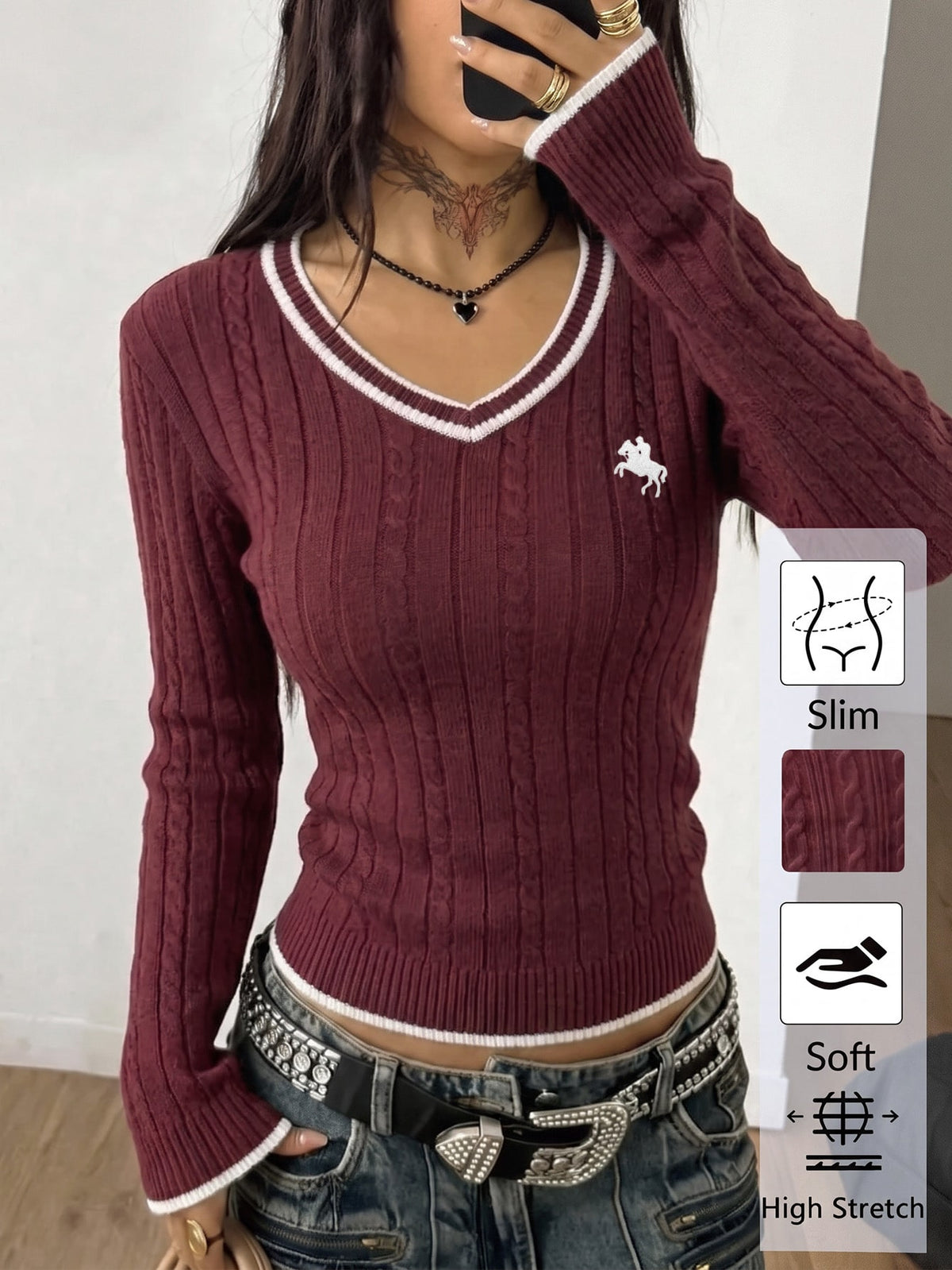 Women's slim fit cable-knit sweater with a V-neckline and long sleeves in solid green rib knit fabric.
