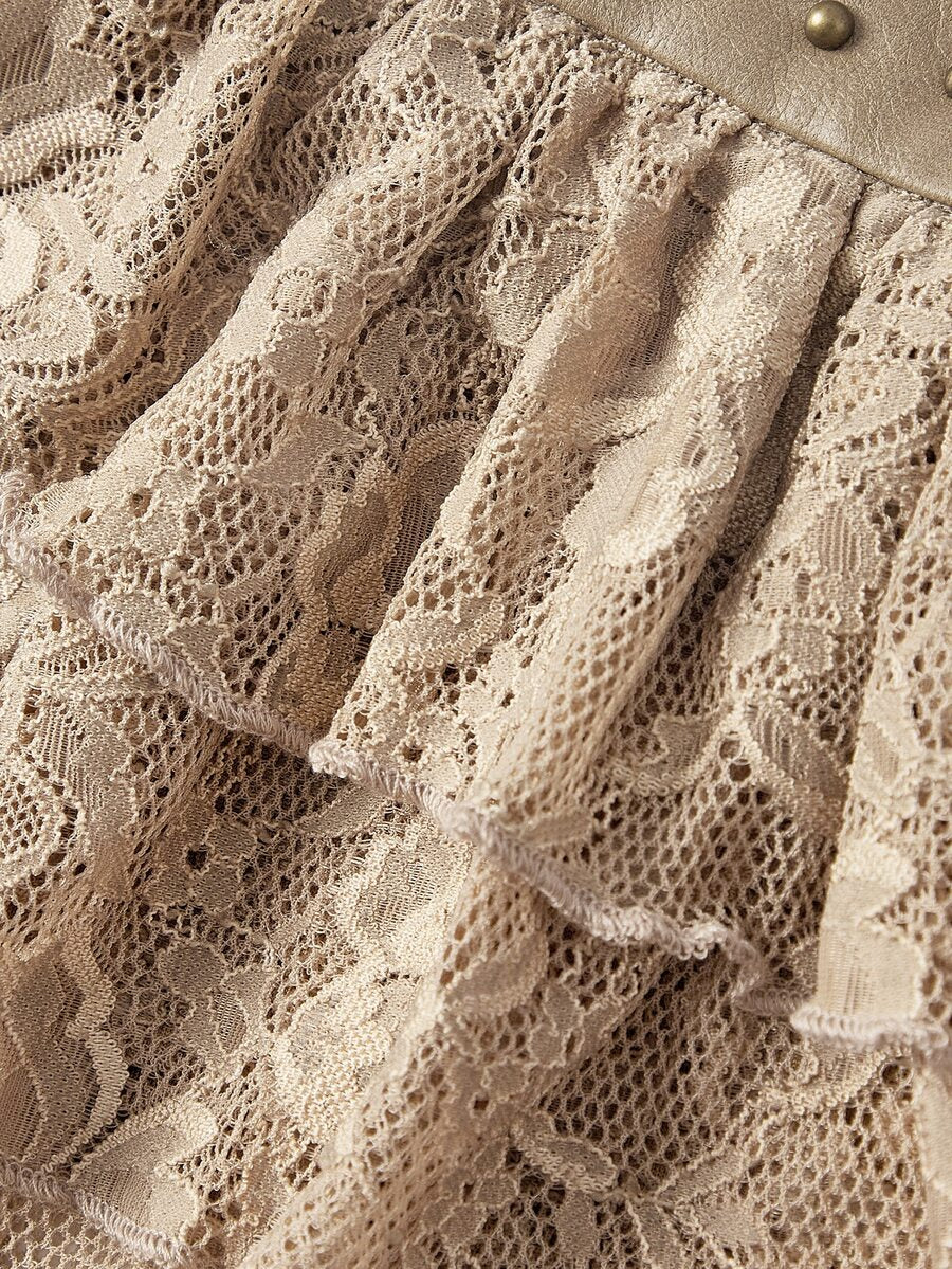 Low waist double layer pleated mini skirt for women with contrast lace and tiered ruffle hem