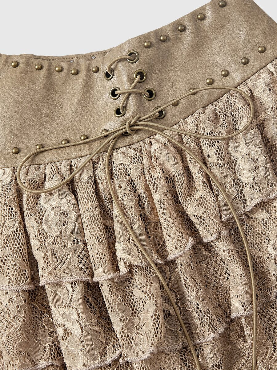 Low waist double layer pleated mini skirt for women with contrast lace and tiered ruffle hem