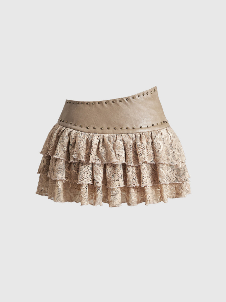 Low waist double layer pleated mini skirt for women with contrast lace and tiered ruffle hem