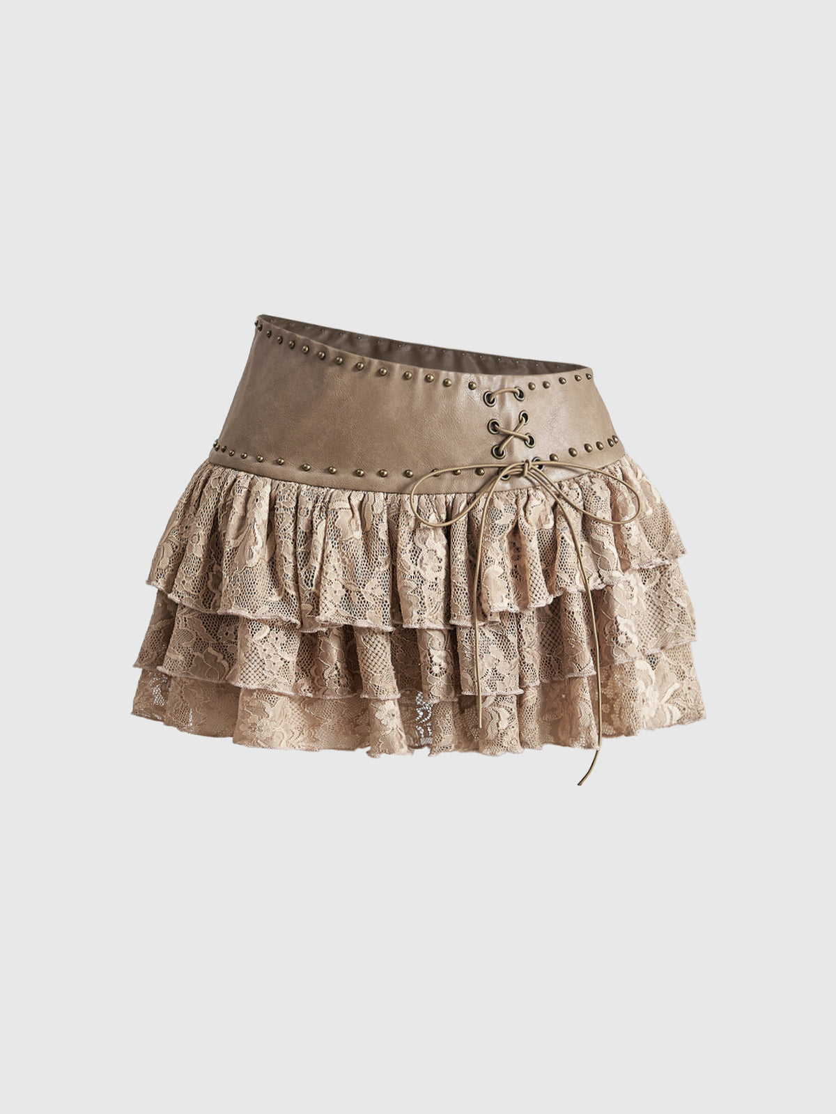 Low waist double layer pleated mini skirt for women with contrast lace and tiered ruffle hem