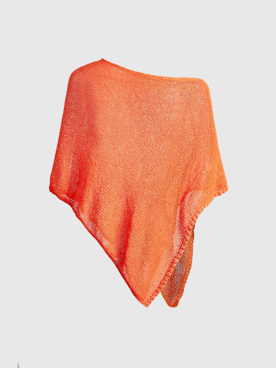 Women's casual hollow knit poncho top with boat neck, cloak sleeves, and asymmetrical hem