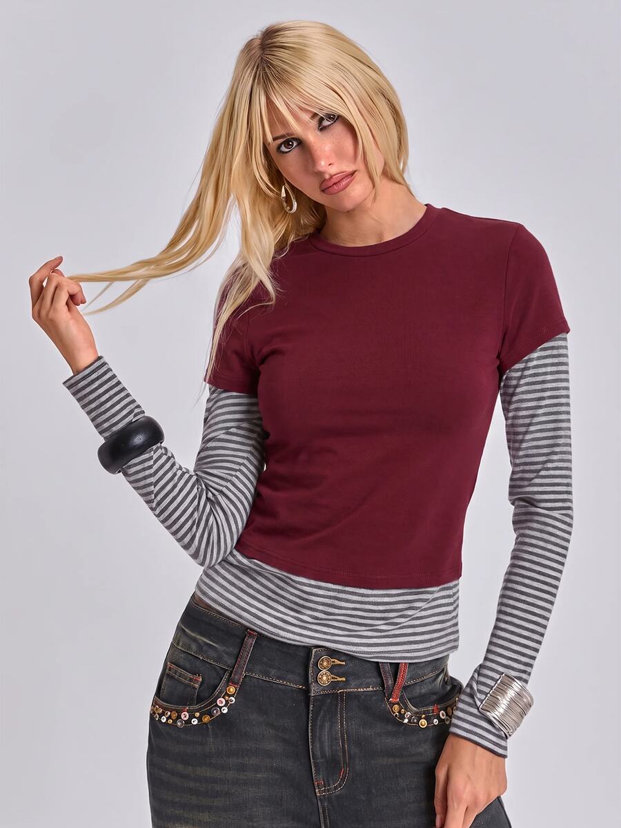 Women's slim fit long sleeve t-shirt featuring a casual round neck and 2-in-1 patchwork striped design.