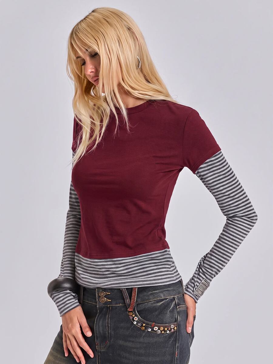 Women's slim fit long sleeve t-shirt featuring a casual round neck and 2-in-1 patchwork striped design.