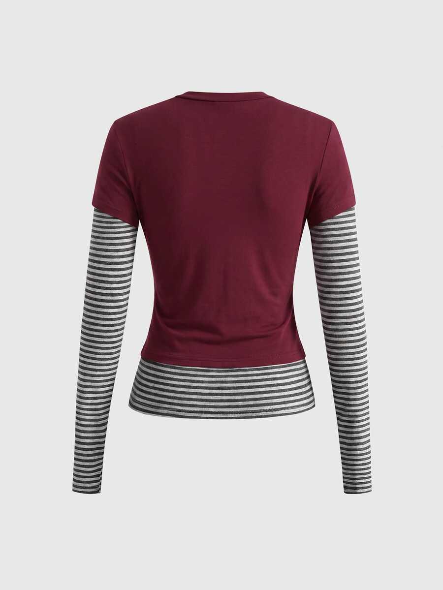 Women's slim fit long sleeve t-shirt featuring a casual round neck and 2-in-1 patchwork striped design.