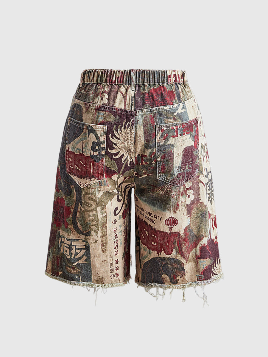 Women's loose wide-leg denim Bermuda shorts featuring vintage animal and paisley print with pockets and zipper fly.