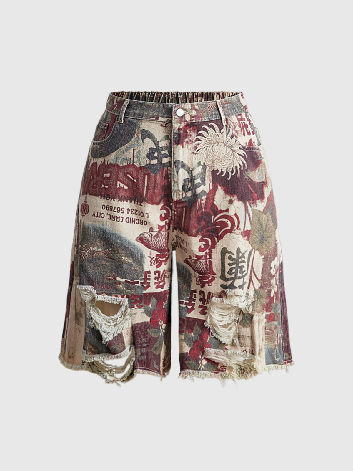 Women's loose wide-leg denim Bermuda shorts featuring vintage animal and paisley print with pockets and zipper fly.