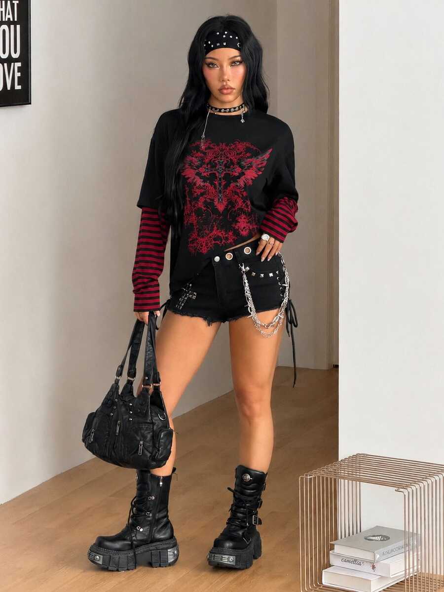 Women's casual graphic long sleeve t-shirt with a round neck, drop shoulder sleeves, and loose relaxed fit.