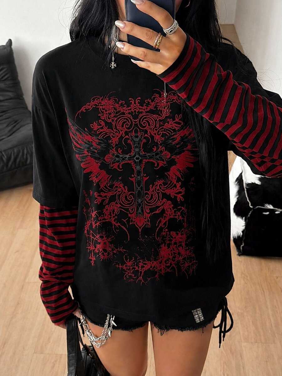 Women's casual graphic long sleeve t-shirt with a round neck, drop shoulder sleeves, and loose relaxed fit.