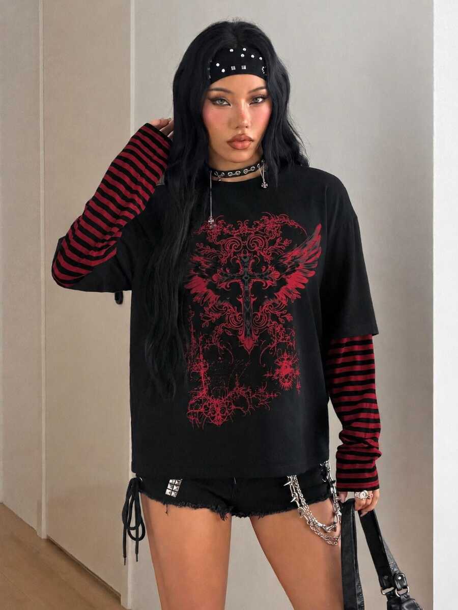 Women's casual graphic long sleeve t-shirt with a round neck, drop shoulder sleeves, and loose relaxed fit.