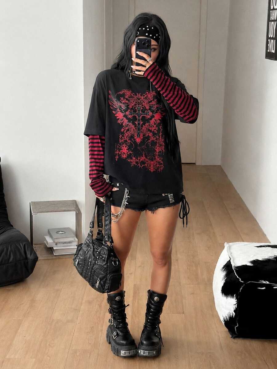 Women's casual graphic long sleeve t-shirt with a round neck, drop shoulder sleeves, and loose relaxed fit.