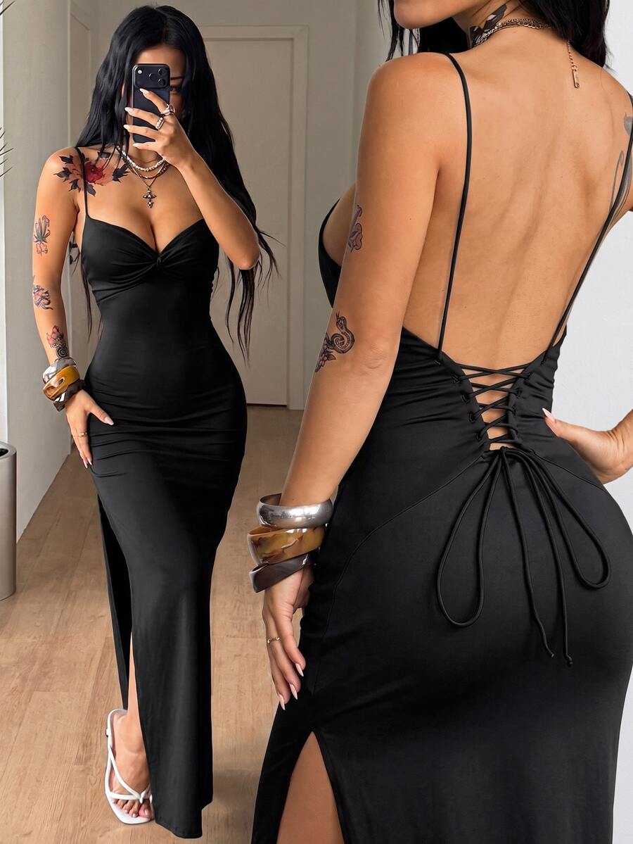 Women's backless cami midi dress in dark grey knit fabric featuring spaghetti straps, lace-up back design, and a split thigh slit.