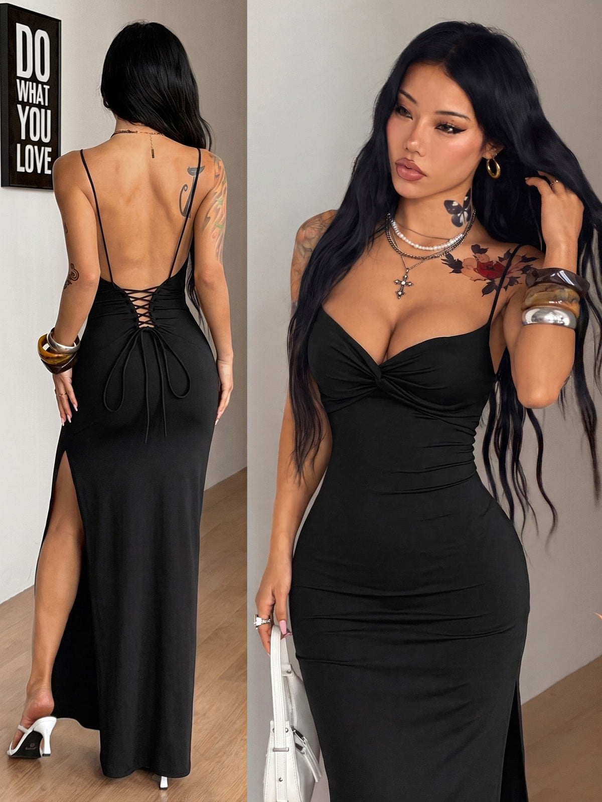 Women's backless cami midi dress in dark grey knit fabric featuring spaghetti straps, lace-up back design, and a split thigh slit.