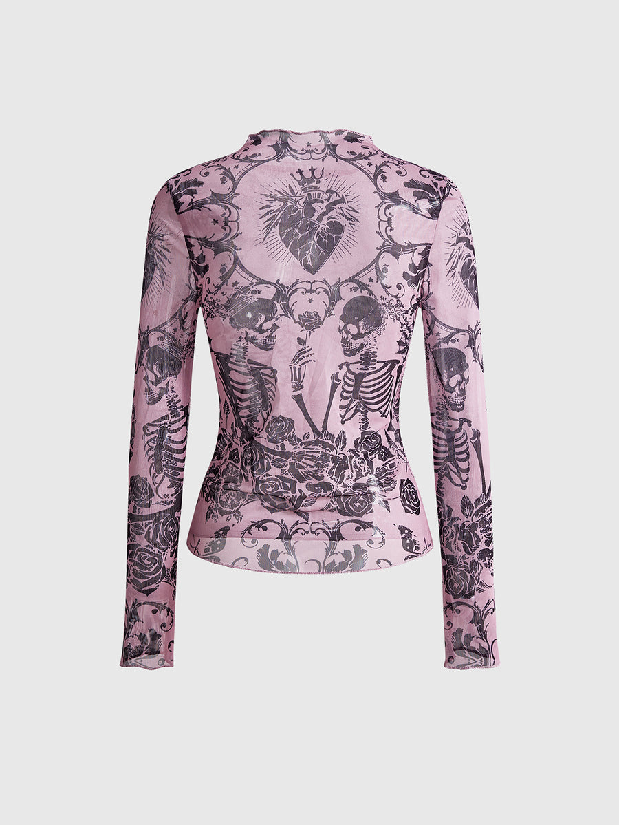 Women's sheer mesh slim fit top with allover vintage tattoo totem print, stand collar, and extra-long sleeves.