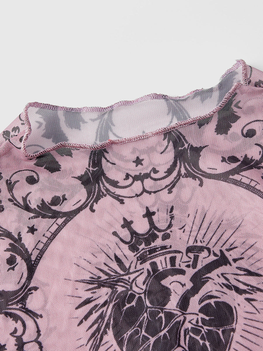 Women's sheer mesh slim fit top with allover vintage tattoo totem print, stand collar, and extra-long sleeves.
