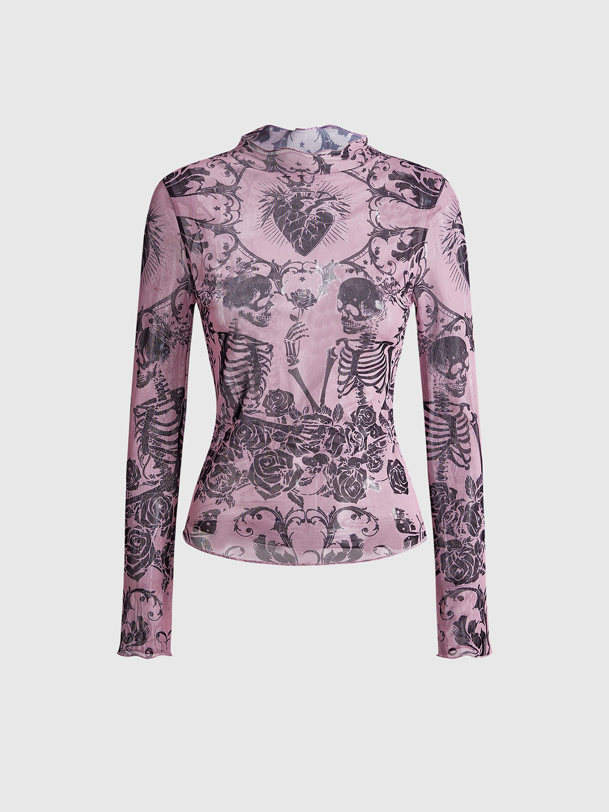 Women's sheer mesh slim fit top with allover vintage tattoo totem print, stand collar, and extra-long sleeves.