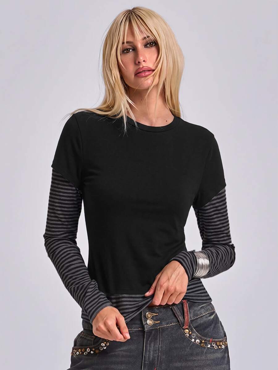 Women's slim fit long sleeve t-shirt featuring a casual round neck and 2-in-1 patchwork striped design.