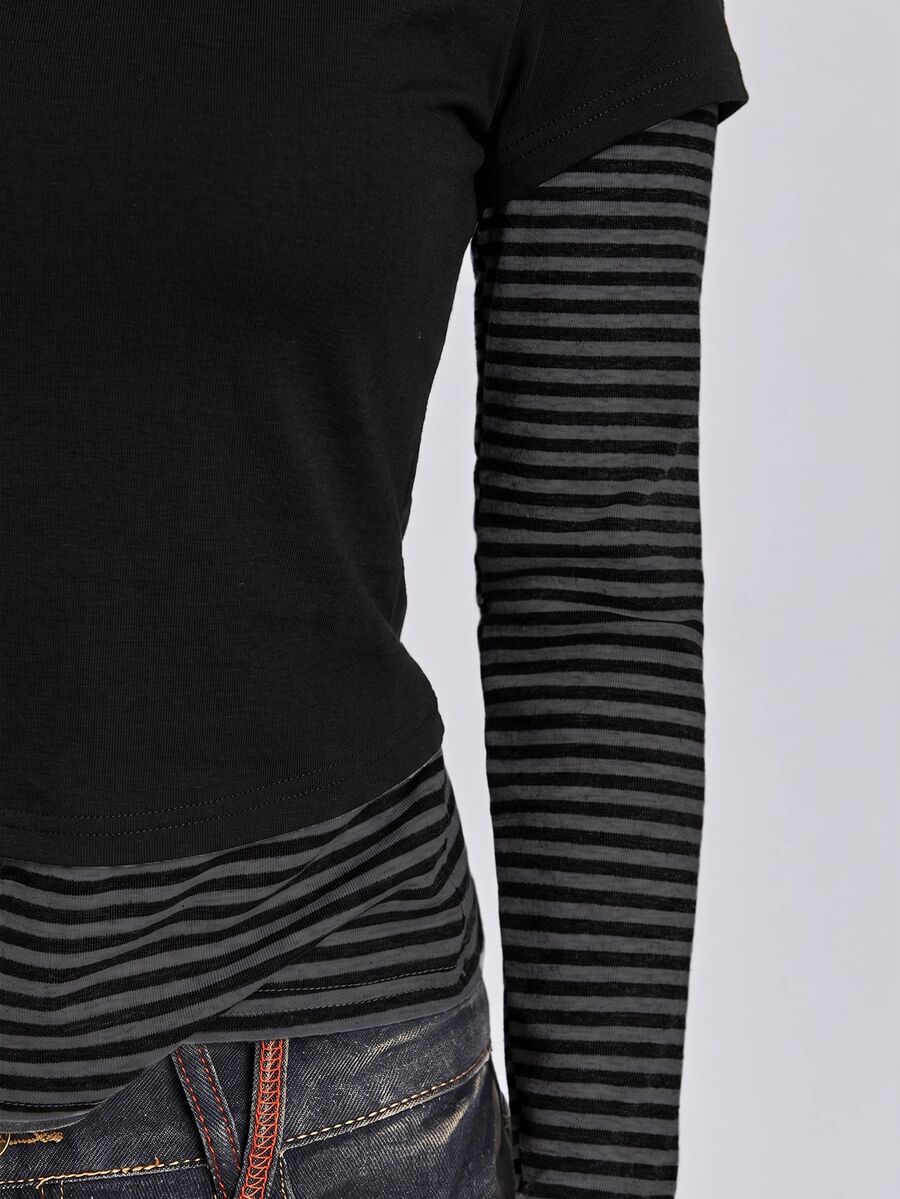 Women's slim fit long sleeve t-shirt featuring a casual round neck and 2-in-1 patchwork striped design.