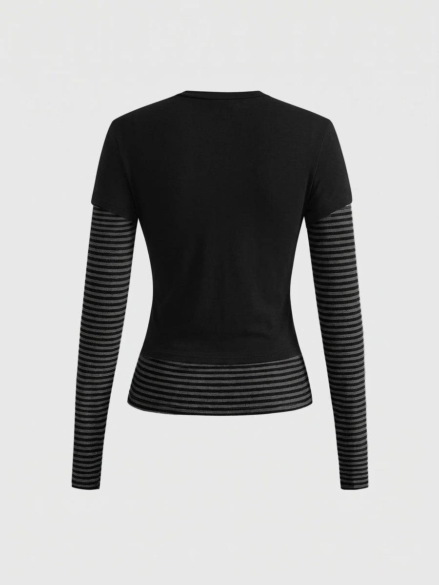 Women's slim fit long sleeve t-shirt featuring a casual round neck and 2-in-1 patchwork striped design.