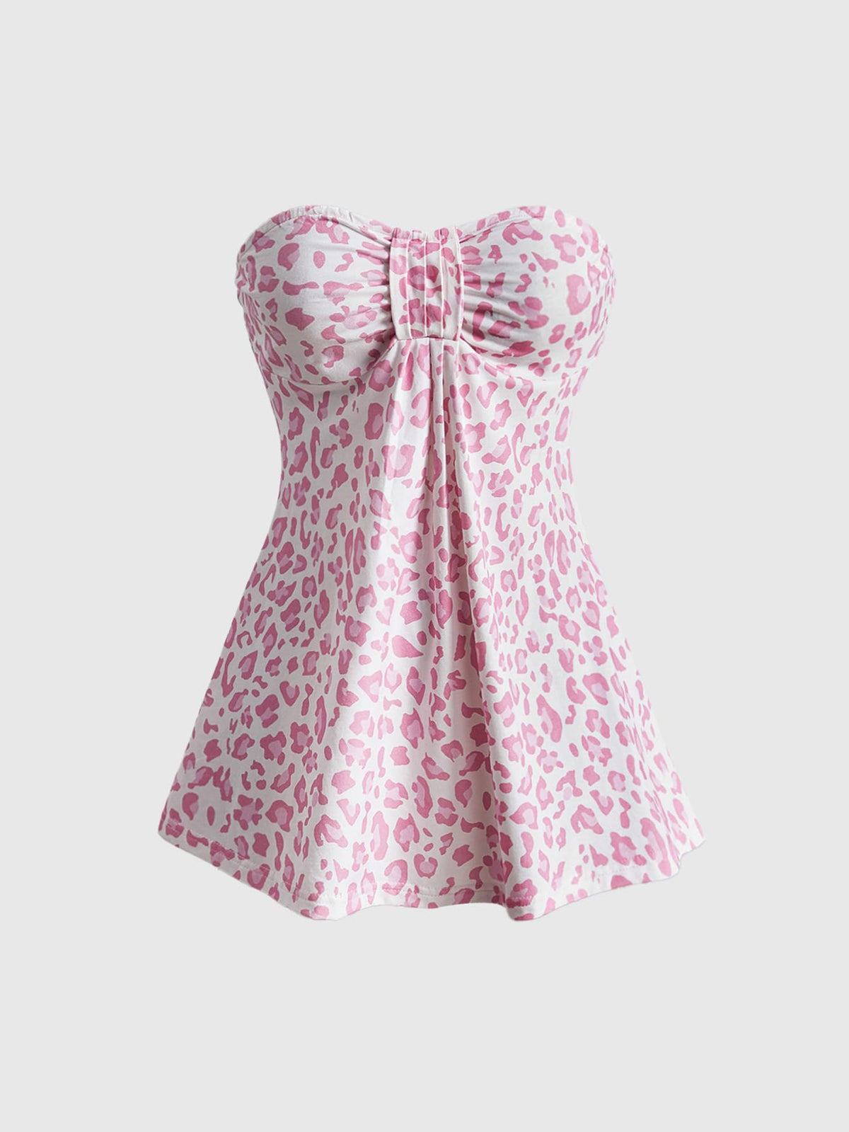 Women's striped strapless tube top featuring ruched detailing, flared hem, and stretchy knit fabric.