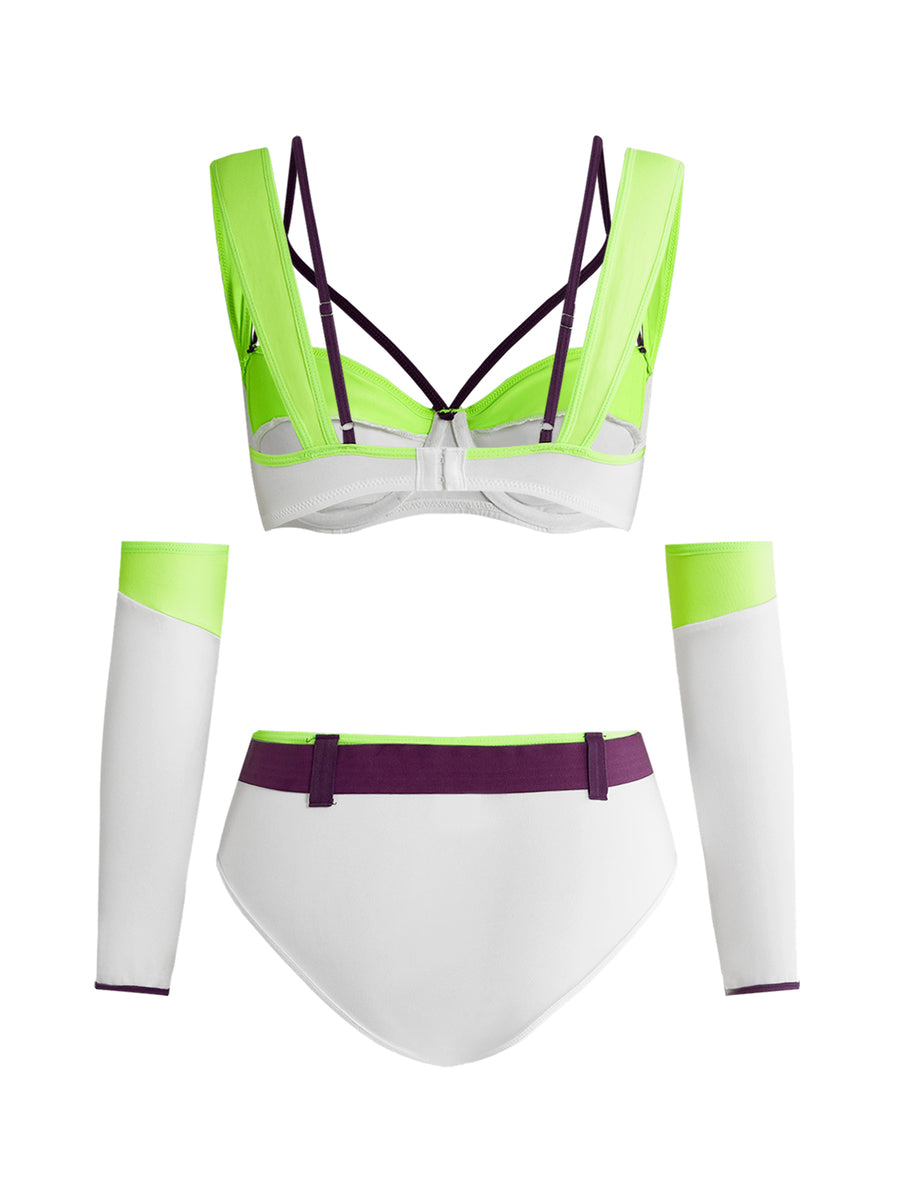 Multicolor 3-piece cosplay costume lingerie set for women featuring a spaghetti strap bra, triangle panties, and matching gloves