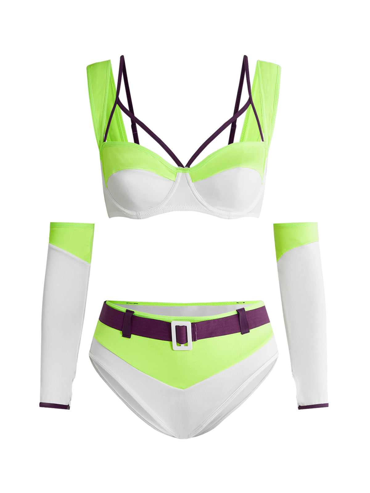 Multicolor 3-piece cosplay costume lingerie set for women featuring a spaghetti strap bra, triangle panties, and matching gloves