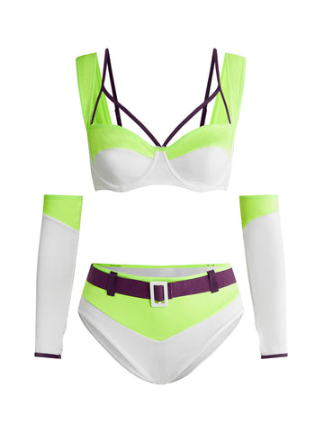 Multicolor 3-piece cosplay costume lingerie set for women featuring a spaghetti strap bra, triangle panties, and matching gloves