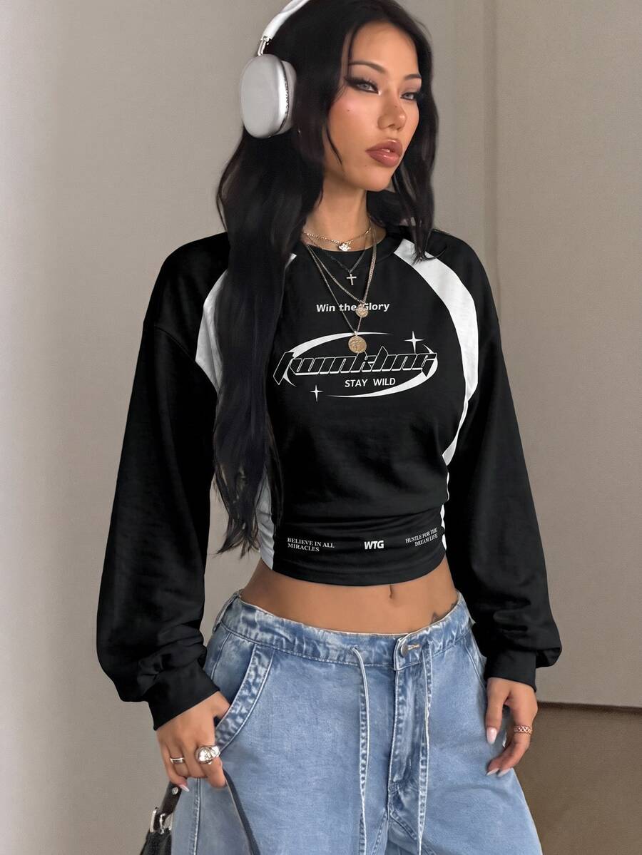 Women's brown waist-cinching sweatshirt featuring a round neck, drop shoulder long sleeves, and rib-knit cuffs.