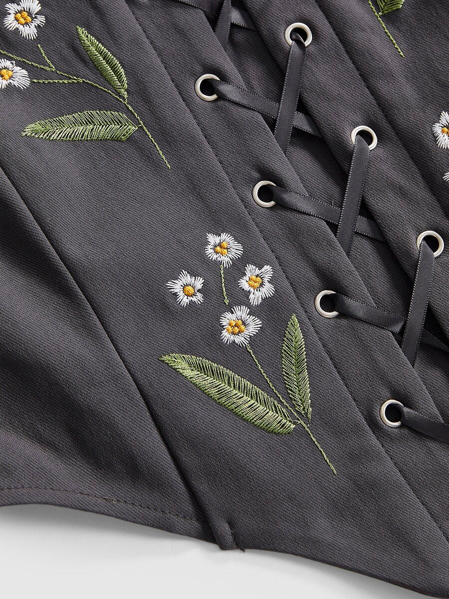 Women's fairycore boho floral print crop cami top with front lace-up grommet eyelets and asymmetrical hem