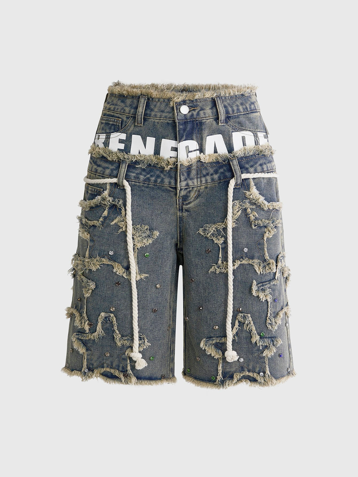 Women's blue denim bermuda shorts featuring a double waistband, star patch detail, ripped accents, and zipper fly closure.