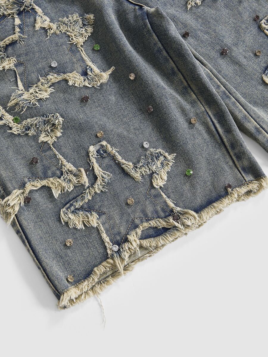 Women's blue denim bermuda shorts featuring a double waistband, star patch detail, ripped accents, and zipper fly closure.