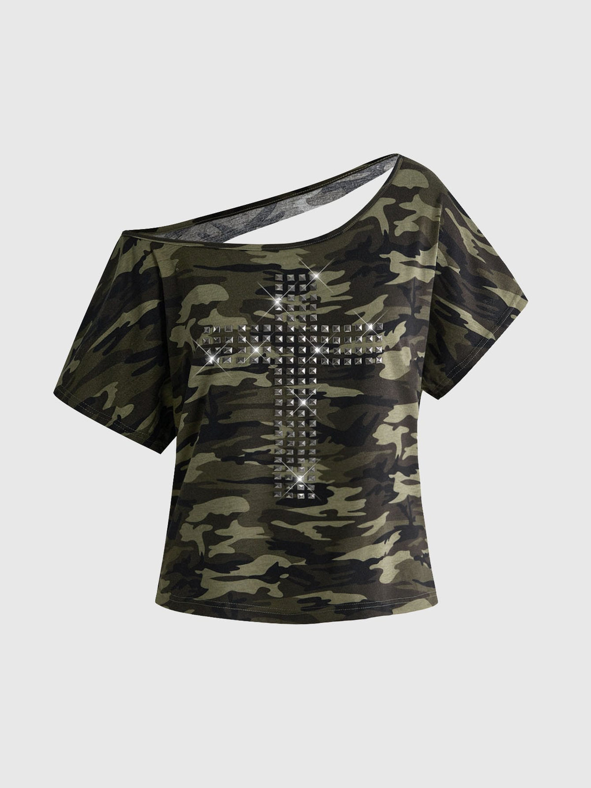 Women's grunge punk style short sleeve t-shirt featuring an asymmetrical neckline, hollow-out cut detail, and relaxed batwing sleeves in a soft cotton stretch fabric.