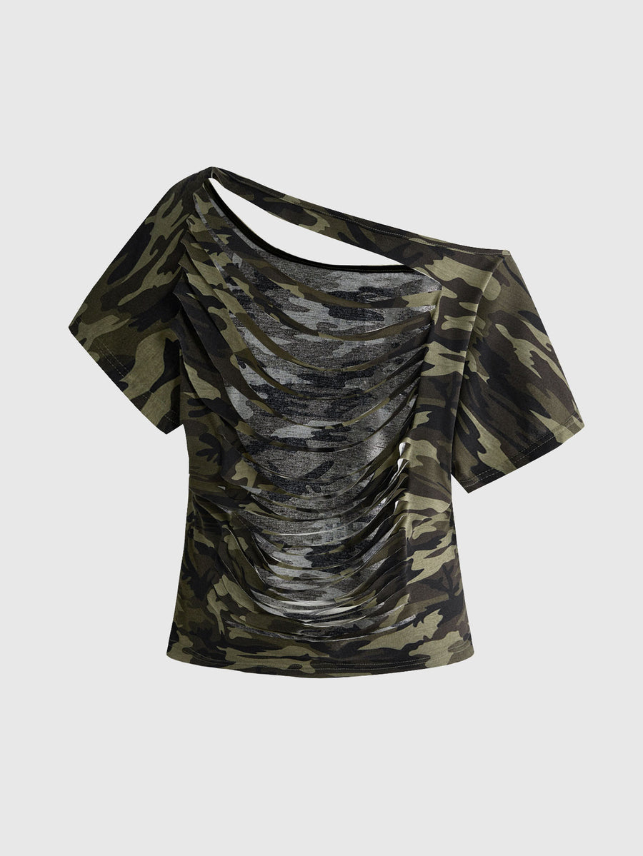 Women's grunge punk style short sleeve t-shirt featuring an asymmetrical neckline, hollow-out cut detail, and relaxed batwing sleeves in a soft cotton stretch fabric.