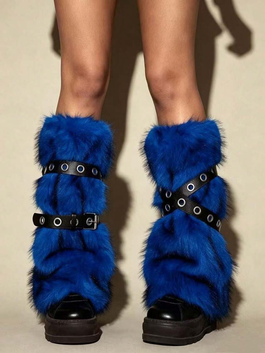 Pair of fuzzy leopard print leg warmers for women in a stylish winter goth aesthetic