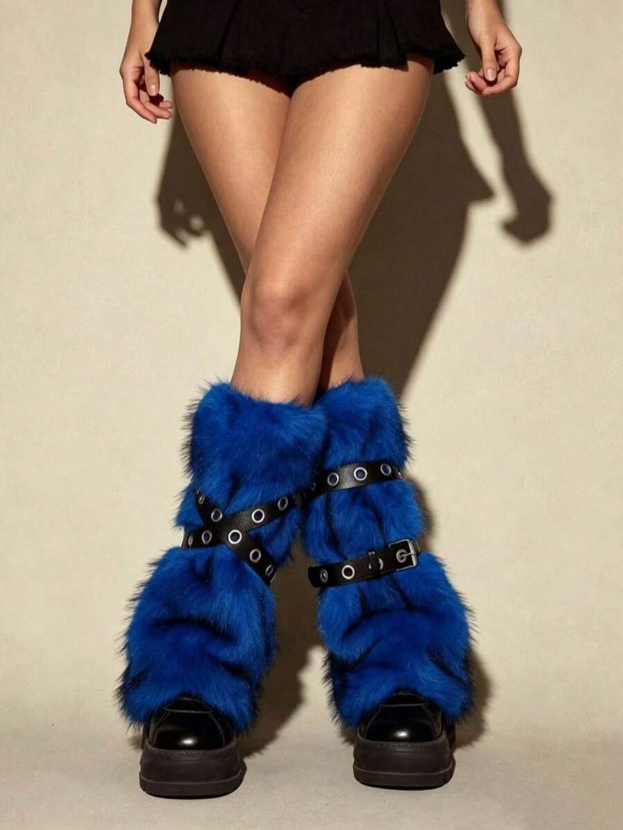 Pair of fuzzy leopard print leg warmers for women in a stylish winter goth aesthetic