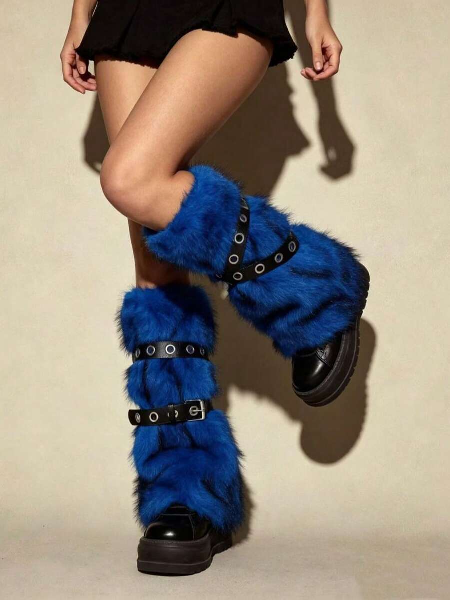 Pair of fuzzy leopard print leg warmers for women in a stylish winter goth aesthetic