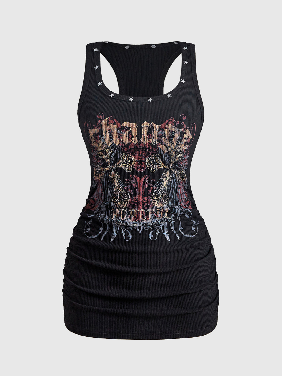 Women's sleeveless star print tank mini dress featuring a scoop neckline and slim fit in black knitted fabric.