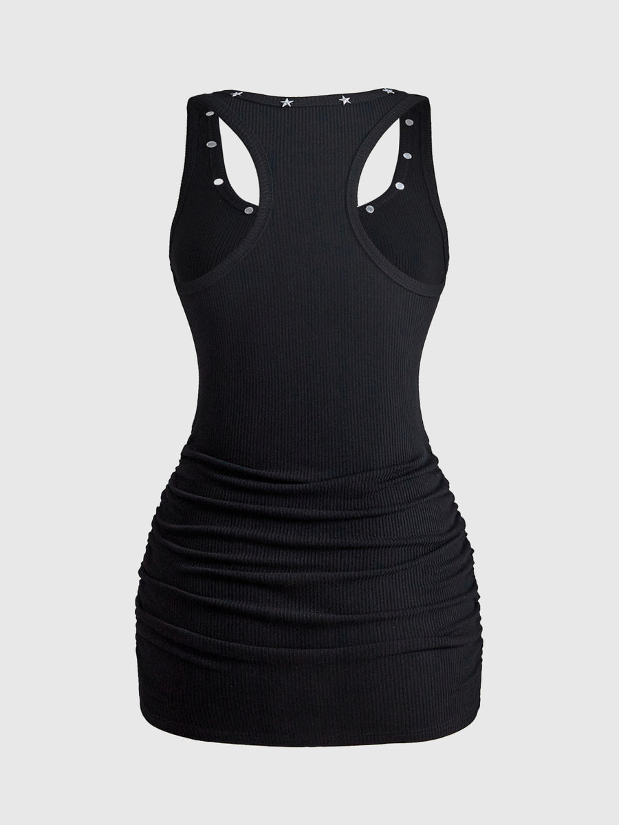 Women's sleeveless star print tank mini dress featuring a scoop neckline and slim fit in black knitted fabric.