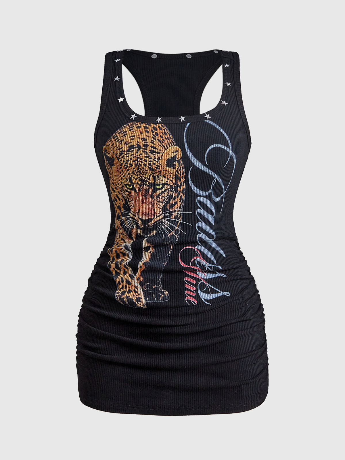 Women's sleeveless star print tank mini dress featuring a scoop neckline and slim fit in black knitted fabric.