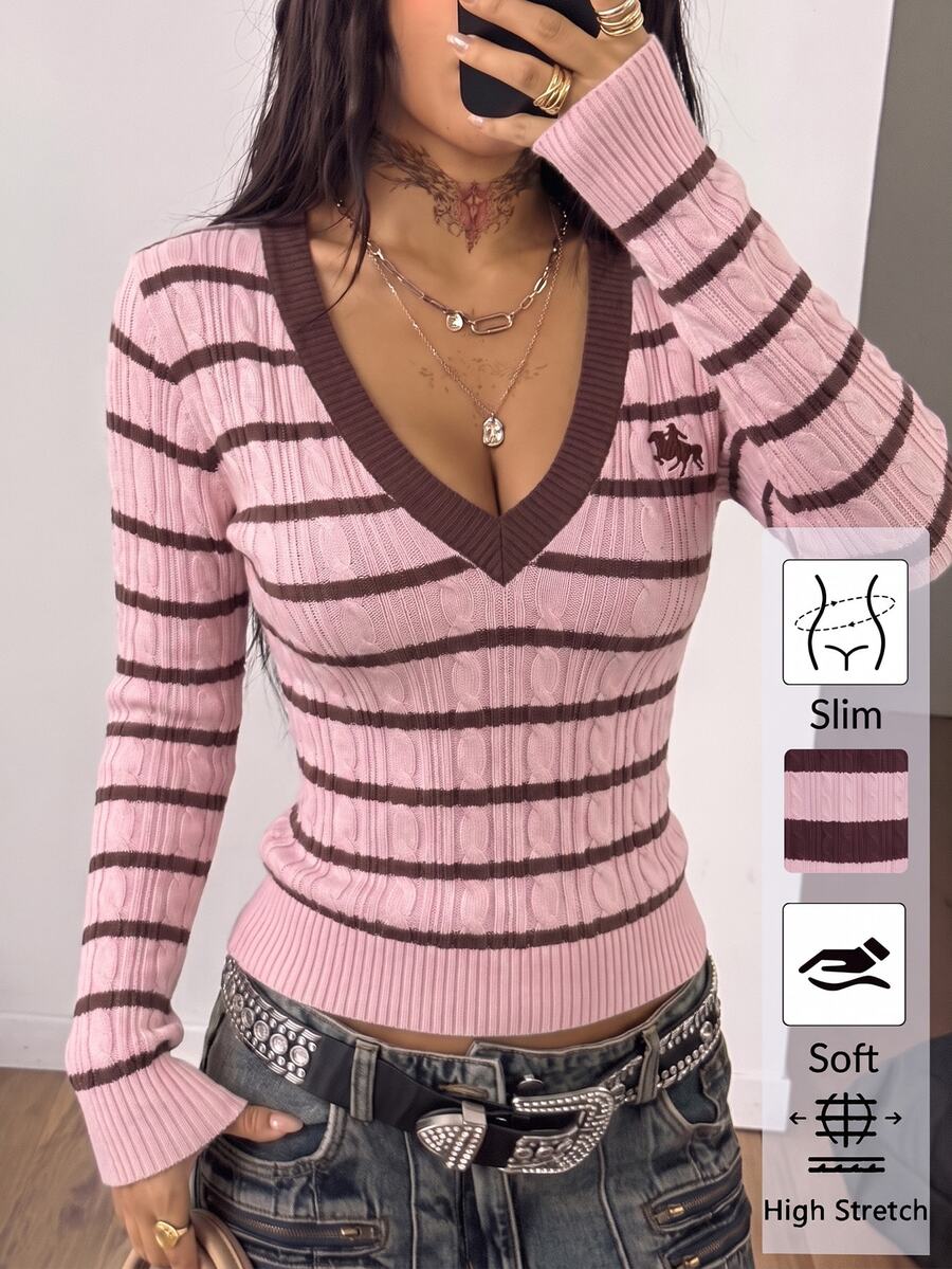 Women's slim fit cable-knit sweater with a V-neckline and long sleeves in solid green rib knit fabric.
